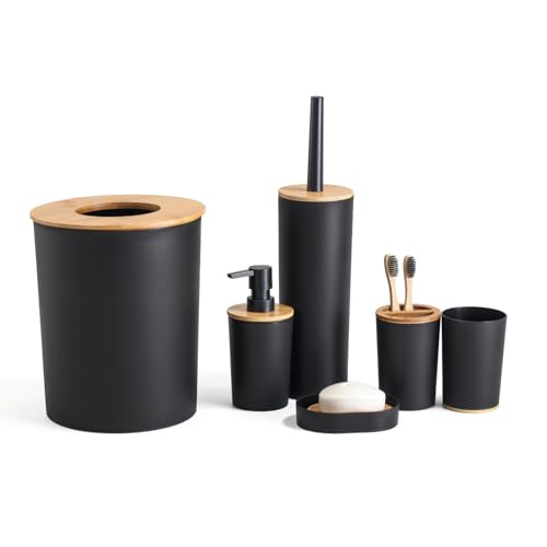 Herzberg, HG04456, 6-teiliges Badezimmer-Set aus Bambus, modernes und Elegantes Design, perfekt für Ihr Zuhause, Größe: 6-teilig, Farbe: Schwarz