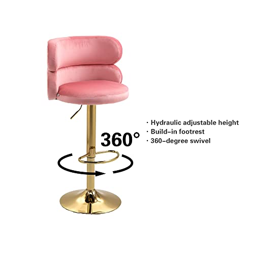 Qqu Modern Bar Stools 360°Swivel Velvet Adjustable Counter Bar Stool With Arm, Back And Footrest Modern Upholstered, Barstools For Kitchen Island, Cafe, Pub, Bar Counter (Pink) #TOP3