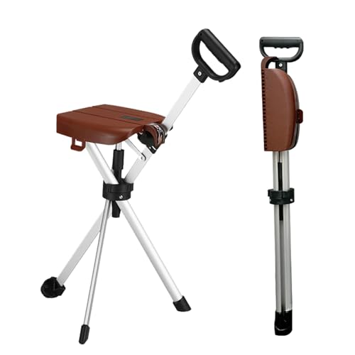 HZWJD Canne De Marche avec Siège Pliable Et Léger À 3 Pieds Utilisable comme Chaise Ou Tabouret pour Les Personnes Âgées Idéale pour Les Voyages Et La Randonnée Brown