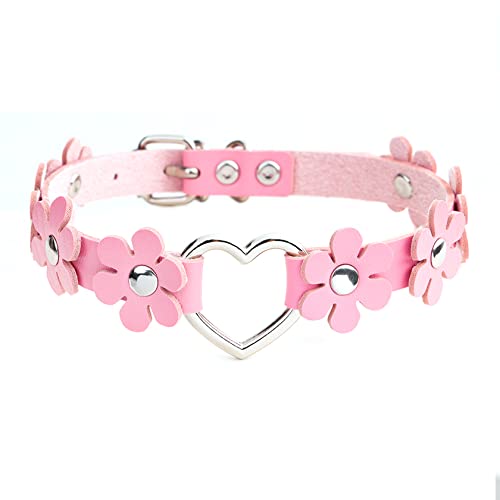 MILAKOO Punk Gothic Blummen Choker mit herzformiger Ring Damen Punk Rock Halsband pink PU Lederhalsband