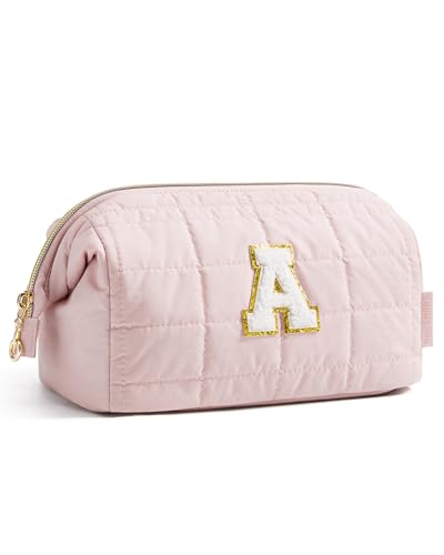 Image of BAGSMART Birthday Gifts Personalized Initial Makeup Bag, Trendy Stuff Gifts for Women Bridesmaid Graduation, Puffy Padded Make Up Bags for Women, Wide-open Toiletry Bag, Pink A