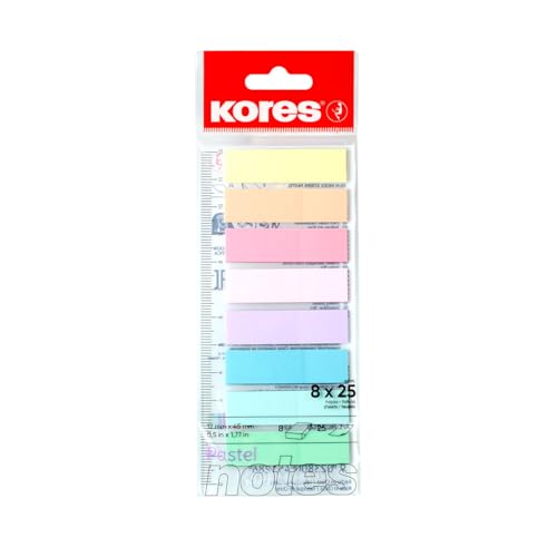 Kores Pastel Film Index Tabs - Self-Adhesive Page Markers for Study Planners Books and Office Filing 12 x 45 mm 8 Assorted Pastel Colours 25 Sheets per Colour