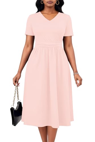 KARALIN Women A-Line Midi Dress V Neck Pleated Short Sleeve Pockets Pink
