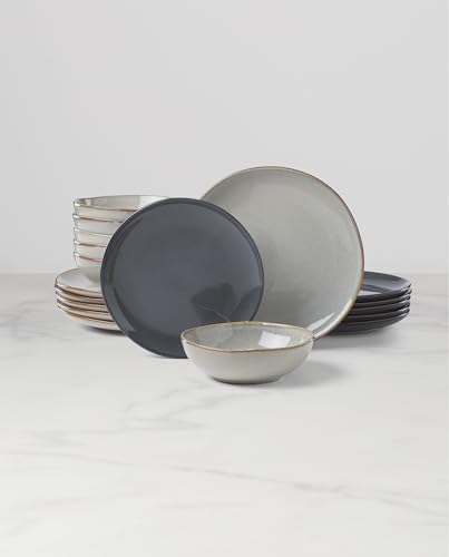 Image of Oneida Dinnerware Set, Organic Shades Gray 18-Piece Dinnerware Set, Service For 6, Stoneware Material, Dishwasher And Microwave Safe, Bowls, Plates And Bowls, Dinner Dishes, Plates (Gray, 18 Piece)