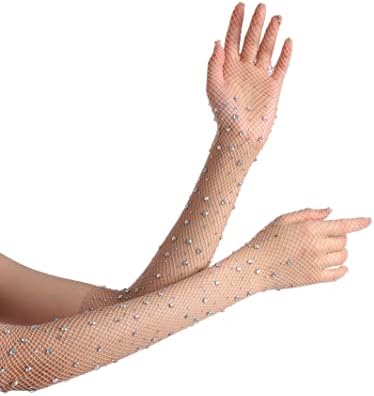 OTPEH Rhinestone Gloves for Women, Sparkly Fishnet Mermaid Costume Gloves