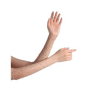 Women Rhinestone Fishnet Long Gloves Mesh Sparkly Glitter Fashion Opera Gloves For Party Halloween Costumes Accessories