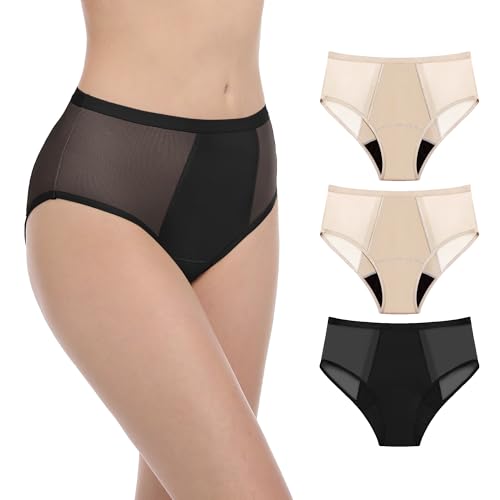 Image of AIRCUTE Washable Women Urine Incontinence Underwear Leak Proof Panties for Postpartum Bladder Leak with 50 ml Absorbency 3 Pack (1 Black-2 Beige, 3XL)