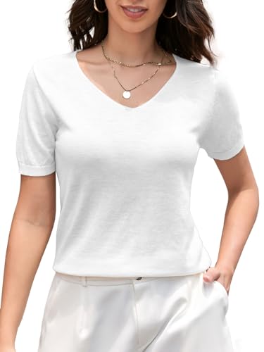 DAIMIDY Women's Knit Cotton Sweater Short Sleeve V Neck Basic Casual Classic Fit Lightweight Soft Pullover Top