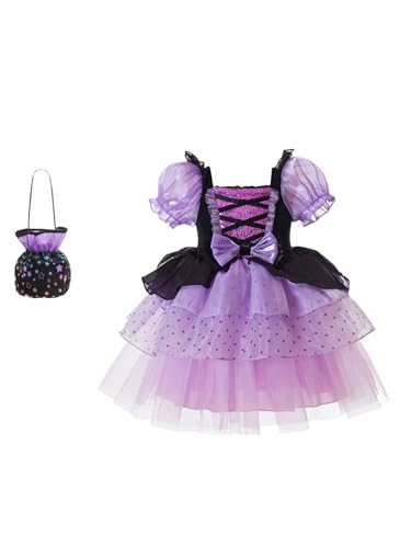 Fylytota Witch Tutu Dress for Girls Halloween Costume with Candy Bag Purple Black Puff Sleeves Dress for Kids Birthday Party