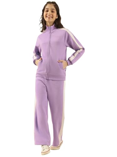 Image of Li'l Tomatoes Girls Solid Fleece Winter Track Suit | Zip-Up High Neck Jacket & Wide-Leg Track Pants | Casual Co-Ord Set | 9-16 Years