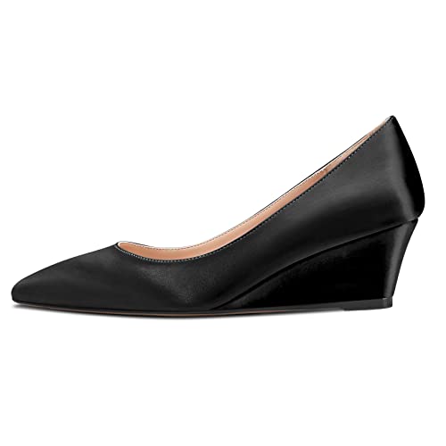 HEUIVZAR Women Wedge Pumps Pointed Toe Block Chunky Mid Low Heel Slip-on Dress Shoes Classic Satin 2 Inch