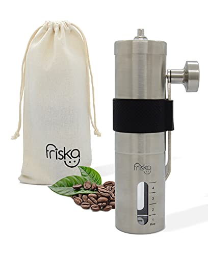 FRISKA Manual Burr Coffee Grinder - Hand Coffee Grinder - Durable Portable Stainless Steel, Grey Velvet Bag & Silicon Grip (Black)