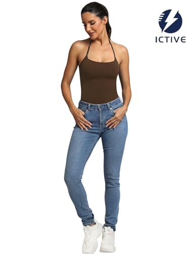 Fihapyli ICTIVE Women Sexy Halter Neck One Piece Thong Adjustable Strap Sleeveless Cami Bodysuit Top Coffee L — view 5