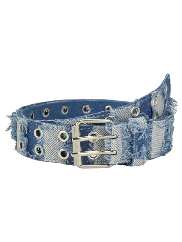 COZYEASE Women's Y2K Double Grommet Denim Belts Buckle Raw Trim Distressed Jeans Belt Punk Waist Accessory