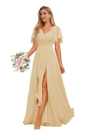 Women's Long Bridesmaid Dresses with Pockets Slit 2025 Short Sleeves Formal Evening Dress A Line s39