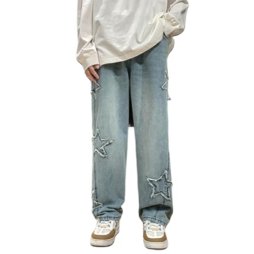 Boys Star Jeans Baggy Straight Leg Denim Pants High Elastic Waist Trousers Trendy Casual Y2k Streetwear with Pockets