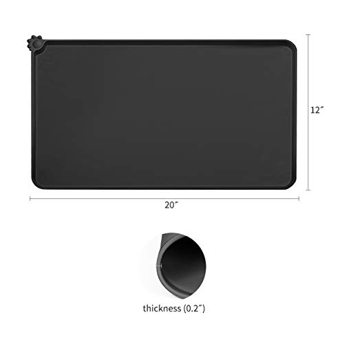 Silicone Dog Food Mat Waterproof Pet Feeding Mat Cat Water Bowl Mat Non-Slip Pet Safety Grade Silicone with Raised Edges Easy Clean Collect Food and Water Spills for Small and Medium Pets (Black)