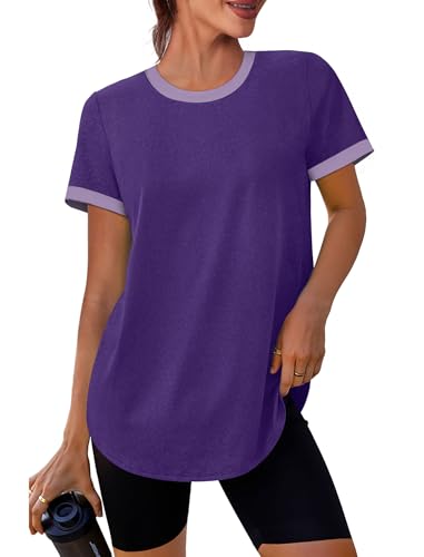 Image of Womens Workout Tops Summer Short Sleeve Shirts Athletic Color Block Gym Clothes Outfits Sun Protection UPF 50+ T Shirts