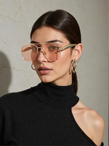 Image of Oversized Aviator Sunglasses For Women 70s Retro 2025 Metal Shades with Gold Streamline Arms