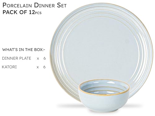 Image of Bodhi House Handcrafted Chip Resistant Porcelain Dinner Set, 12 Pieces Dish Set Serving for 6, Microwave and Dishwasher Safe, Bone-ash Free, Crockery Set for Dining and Gifting, Arctic Blue