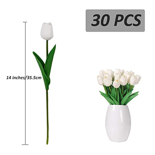 30Pcs Real Touch Tulips Pu Artificial Flowers, Fake Tulips Flowers For Arrangement Wedding Party Easter Spring Home Dining Room Office Decoration. (White, 14" Tall) #TOP1