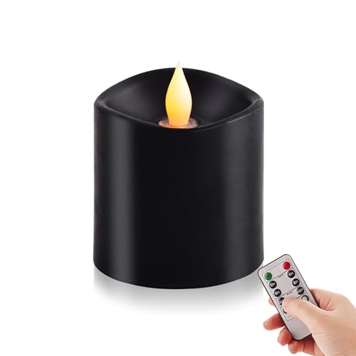 Image of 3x3 Flickering Flameless Candles Set of 1, 2AA Battery Life 600 Hours Battery Candles Flickering with Timer, 3 inch Flameless Candles with Remote for Indoor /Outdoor, Black