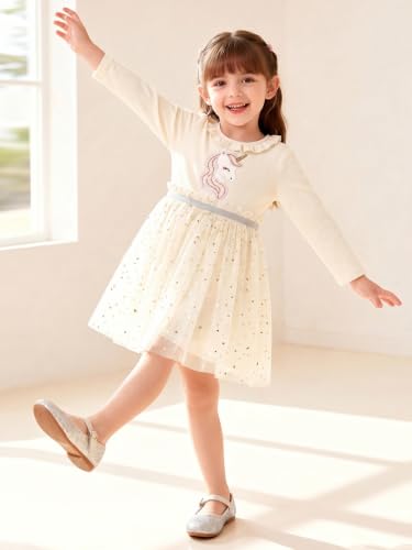 Image of Girls Cotton Long Sleeve Casual Cartoon Appliques Striped Jersey Dresses