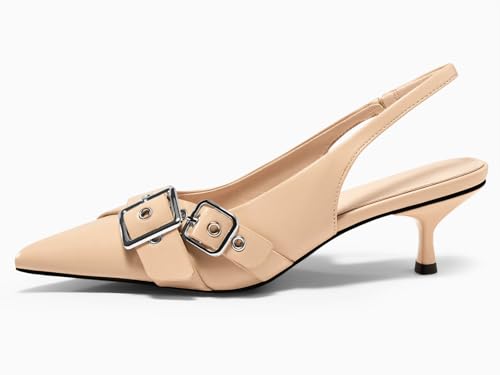Image of Coutgo Womens Slingback Kitten Heels Closed Pointed Toe Pumps Studded Buckle Strap Party Dress Shoes