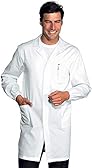 Isacco Camice Bianco da Laboratorio Antiacido - Marca Italiana Modello Unisex, Elastici ai Polsi, Tre Tasche Chiuse con Aletta a Strappo e Clip Nascosta + OCCHIALI EN 166 (L)