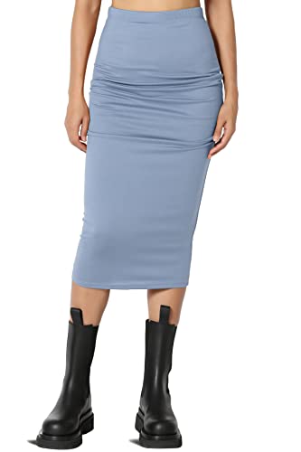TheMogan Women's High Rise Buttery Soft Lined Mid Calf Bodycon Midi Pencil Skirt Light Blue L