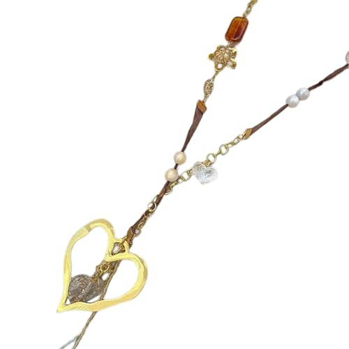 Collar de aleación con corazón dorado texturizado y cadena de capas larga