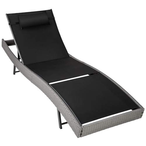 TecTake® Lettino Prendisole da Giardino in Rattan, Lettino Sdraio con Schienale Regolabile in 5 Posizioni, Lettino Giardino Antiscivolo, Alta Stabilità, Poggiatesta Incluso - Grigio