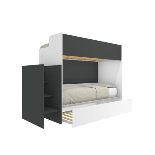 MOBILFINO CAMERETTE Litera minimalista con tercera cama extraíble, color blanco y basalto, con cama extraíble