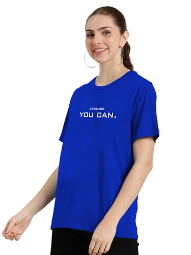 Image of LEOTUDE Women's Boyfriend /Loose Fit Round Neck Half Sleeve Cottonblend Tshirt (Color Blue)