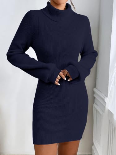 Image of Turtleneck Sweater Dress for Women Lantern Sleeve Mini Bodycon Ribbed Knit Sweater Pullover Short Dresses XS-XXL