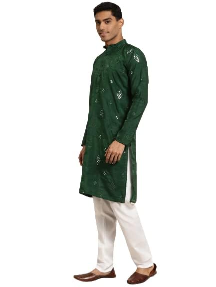 Image of SOJANYA (Since 1958 Men's Cotton Blend Navy Blue & Black Printed Kurta & White Churidar Pyjama Set