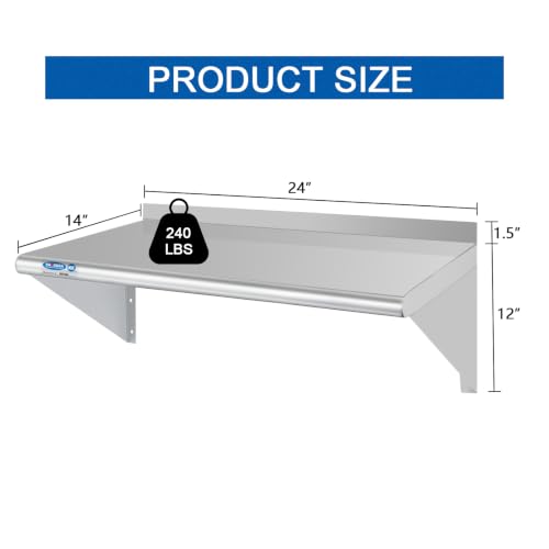 Image of HARDURA Stainless Steel Shelf 14 inch x 24 inch, 240lb Commercial Shelves Wall Mount Metal Shelving with Backsplash and Brackets for Kitchen, Restaurant, Laundry Room and Home
