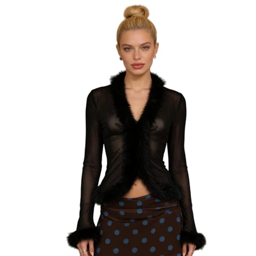 Edhomenn Womens Fashion Lace Tops Casual Long Sleeve Tie Front Shirt Sheer Mesh Blouse Y2k Aesthetic Clothes (14 Black, M)