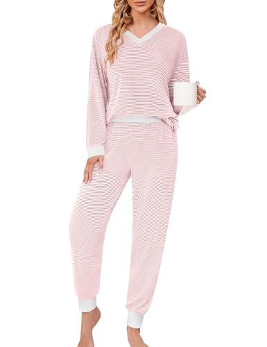 JUSTFASHIONNOW Women's Pajama Sets 2 Piece Striped Lounge Sets Long Sleeve Top and Pants Soft Sleepwear Pjs 2025 Fall Outfits2