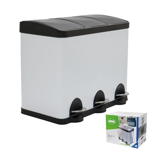 Amig - Cubo de Basura Triple con Pedales 45 litros, 3 Compartimentos Extraíbles de 15 litros, Cubo de Reciclaje para Cocina, Acero, 60 x 37 x 49 cm, Blanco