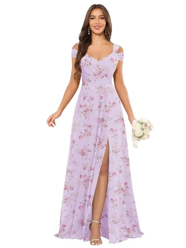 Image of petyoo Off Shoulder Chiffon Bridesmaid Dresses with Slit Long Formal Evening Dress