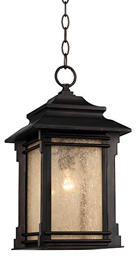 Franklin Iron Works Hickory Point Rustic Mission Outdoor Ceiling Light Hanging Lantern Bronze Metal 19 1/4" Frosted Cream Glass Damp Rated For Exterior House Porch Patio Outside Deck Garage Home #TOP2