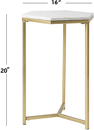 Gold Marble Side End Table With Hexagon Top, Small Coffee Table For Living Room Small Space, Bedroom White Nightstand,16" D X 14" W X 20" H #TOP1