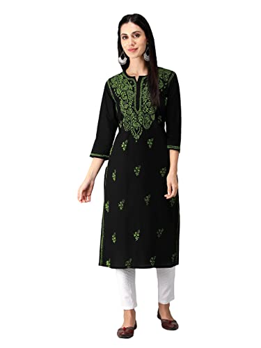 Image of Seva Chikan Hand Embroidered Lucknowi Chikankari Regular Straight Cotton Kurta Kurti for Women SCL4243