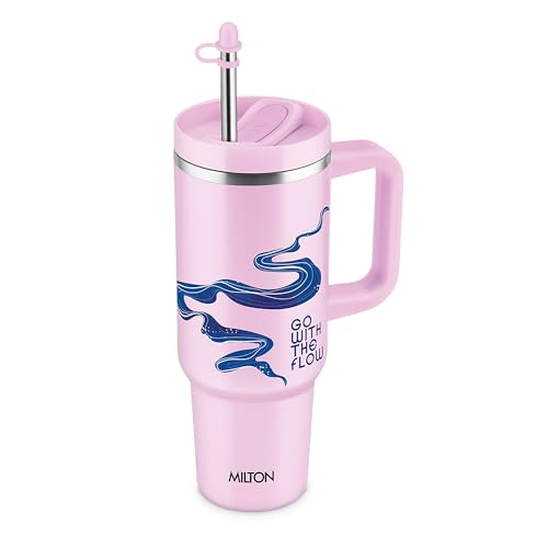 Image of MILTON Malmo 1200 Thermosteel Double Wall Vacuum Insulated Stainless Steel Tumbler with Handle 1100ml, Travel Mug with Straw,Silicon Cap,Cleaning Brush,Hot & Cold Beverage Flask,Flow Pink