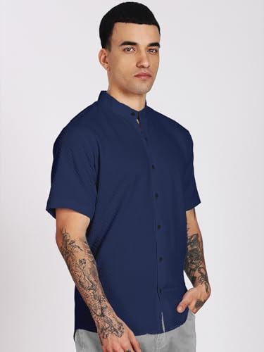 Image of Men's Regular Fit Solid Casual Shirt - Short Sleeve, Mandarin Collar, Lightweight Polyester, Stylish Everyday Wear