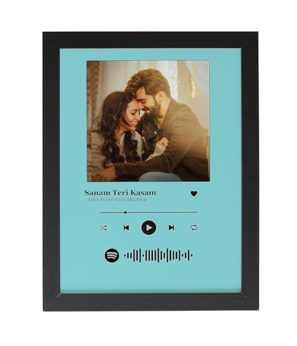 Image of Customized Photo & Song Spotify Wooden Wall Frame - Personalized Printed Frame with Scan Able Barcode |Gift for Birthday, Anniversary - (12x18) Inch, Turquoise 1 Piece, Rectangular