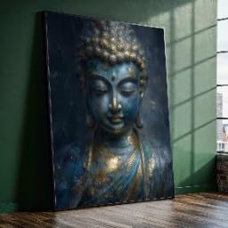 Bouddha bleu et or art mural chic deco spirituelle haut de gamme sur toile 50x70