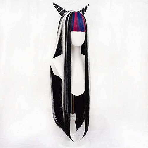 Mioda Ibuki Pelucas para Danganronpa Cosplay con cuernos 39 pulgadas negro mezclado arco iris anime Halloween Cosplay peluca para mujeres niñas con gorra Cover