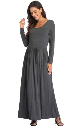 Image of Women's Long Sleeves Maxi Dress Plain Empire Waist Casual Dress Loose Fall /Winter Dresses with Pockets Dark Grey - S